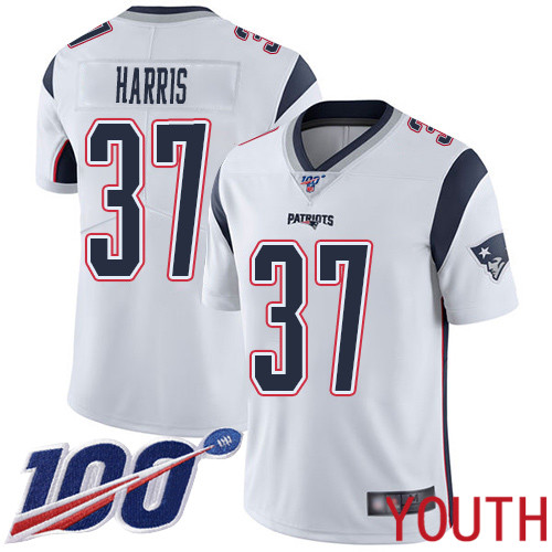 New England Patriots Football 37 Vapor Untouchable 100th Season Limited White Youth Damien Harris Road NFL Jersey